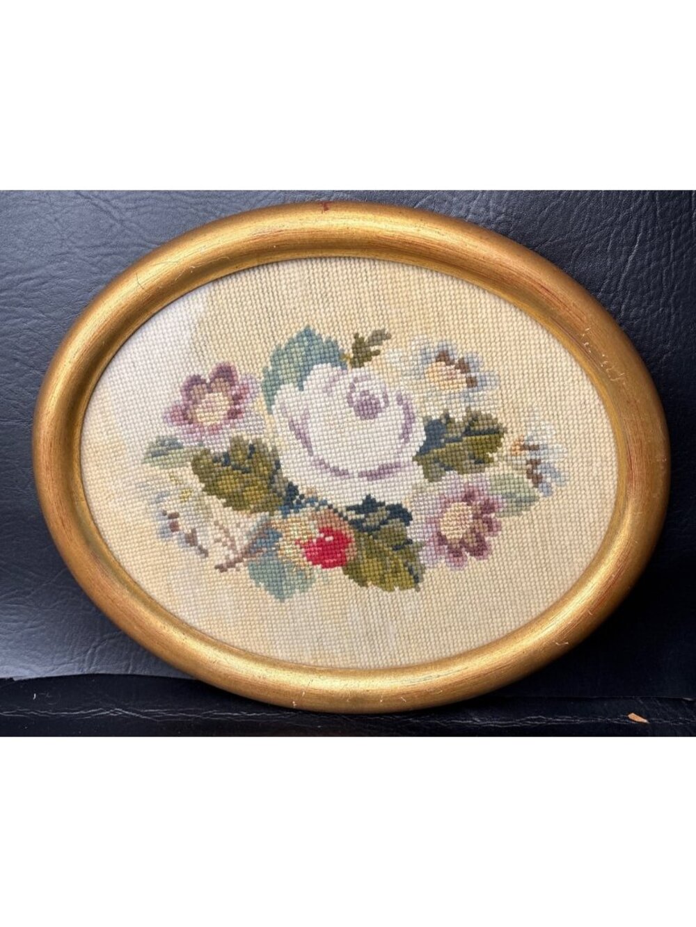 Floral Needlepoint Oval Frame 9x11" Gold Accent Wall Art Roses & Daisies Vintage